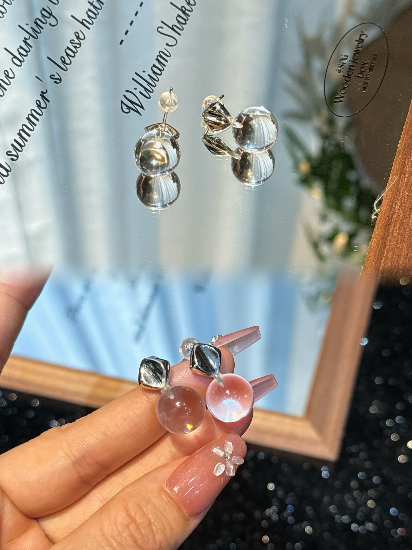 Double Stars' Dreamfall · White Crystal/S925 pure silver ear stud/Natural white crystal small bulb earrings