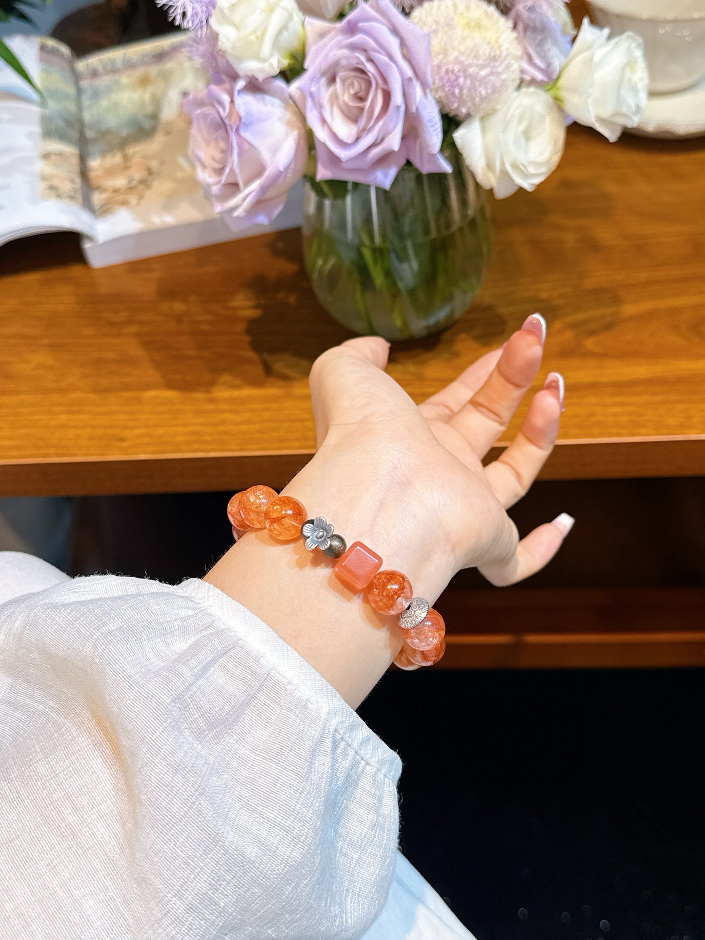 Riches come in spring/Red-colored flower-shaped adhesive tape/crystal bracelet/DIY
